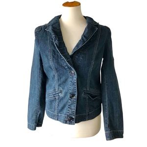 CAbi Jeans Denim Jacket Womens Medium Button Closure Pockets Gathered Collar